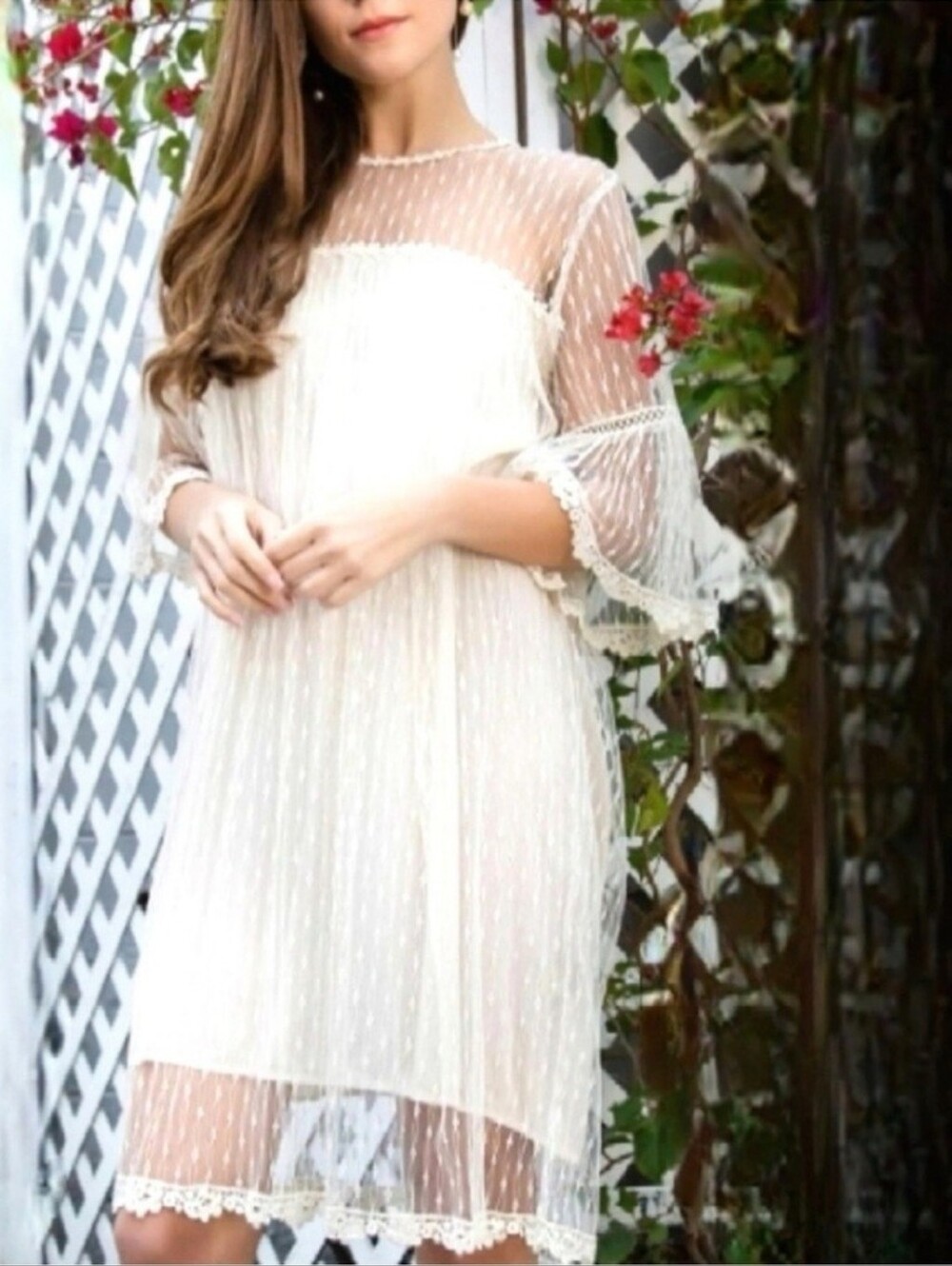 POL Sheer Ivory Lace Floral Embroidered Overlay Dress With Belle Sleeves Sz S - Picture 2 of 16